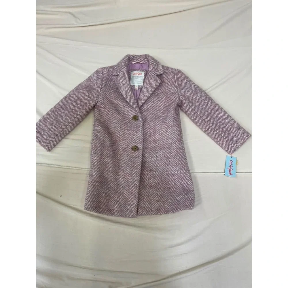 Cat & Jack Girls Pink Herringbone Pea Coat Wool Blend Jacket XS 4-5 NWT